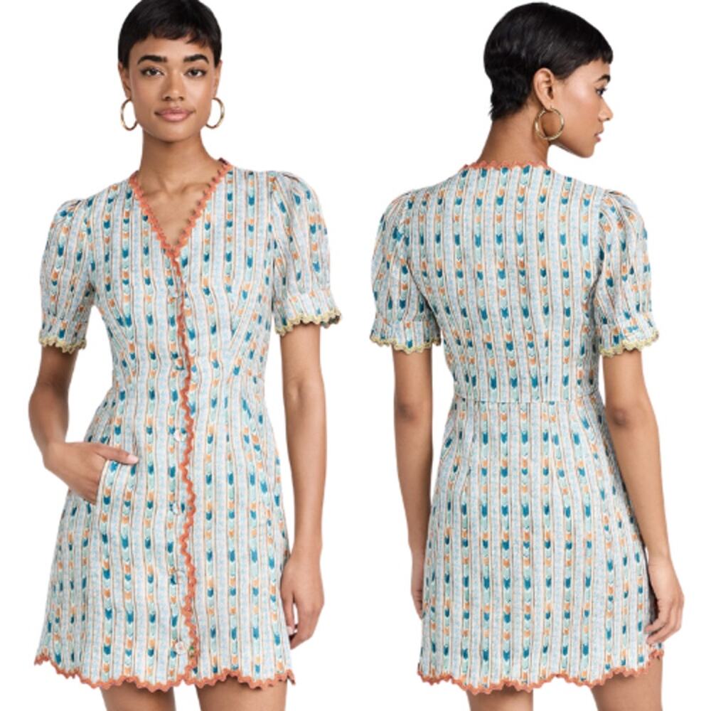 NWT Saloni London Marlee Embroidered Linen Mini Dress Blue Orange Size: 12